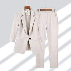 2pcs Casual Blazer Set Solid Color Lapel Single-breasted Jacket And Zipper Straight Pants Women's Office Business Suit in light beige.
