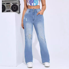 Women's High Elastic Hole Slim Fit All-match Denim Trousers in light blue color, casual street fashion style.