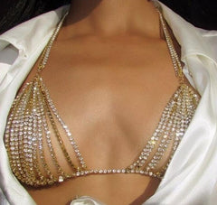 Sexy Diamond Chain Bikini Chest Chain featuring shimmering rhinestones and an alloy design for fashion jewellery.