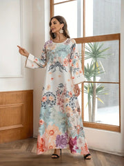 Elegant Floral Print Long Kaftan Dress
