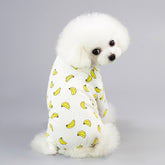 Pet Four-Legged Cotton Home Clothes Dog Pajamas Casual Cartoon Fruit Pattern on a fluffy dog with banana design.