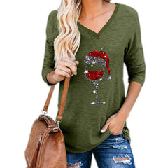 plus size Christmas wine glass top Women Clothing in green with a sparkly wine glass design