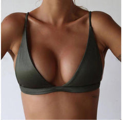 Bikini women's swimsuit top in a solid olive green color, featuring a sexy open back design and high elasticity.