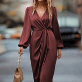 Temperament Pure Color Waist-tight Split V-neck Dress Women in wine red, stylish long sleeve dress with pullover design.