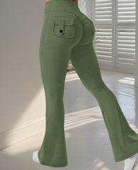 Yoga Fitness Flared Pants in green with pockets, showcasing stylish design and comfortable fit for workout or casual wear.