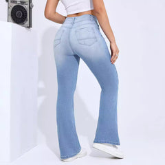 Women's High Elastic Hole Slim Fit All-match Denim Trousers in light blue, featuring a mid waist and high elasticity, perfect for street fashion.