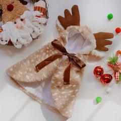 Christmas Pet Clothing Elk Cape Cloak in brown dot fabric with antlers and ribbon decoration.
