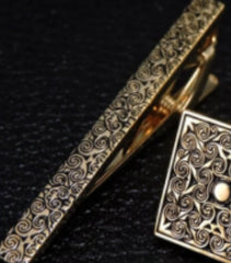 Golden carved rose flower cufflinks tie clip set