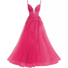 Women's Spaghetti Strap Tulle Long Applique Lace Dress With Long Dress