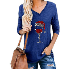 plus size Christmas wine glass top Women Clothing, festive casual V-neck top, stylish navy design, holiday fashion.
