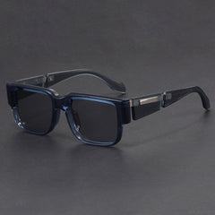 Gray Blue Square Thick Frame Sunglasses UV-proof Retro Simple Sun Glasses on a dark background