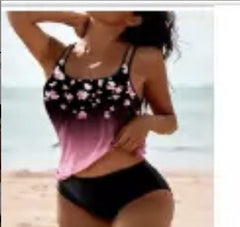 Vintage Printed Split High Waist Conservative Swimwear with floral design against beach backdrop.