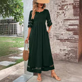 New Hot Sale Five-quarter Sleeve Mesh Patchwork Round Neck Pocket Dress in dark green for fashionable summer outings.