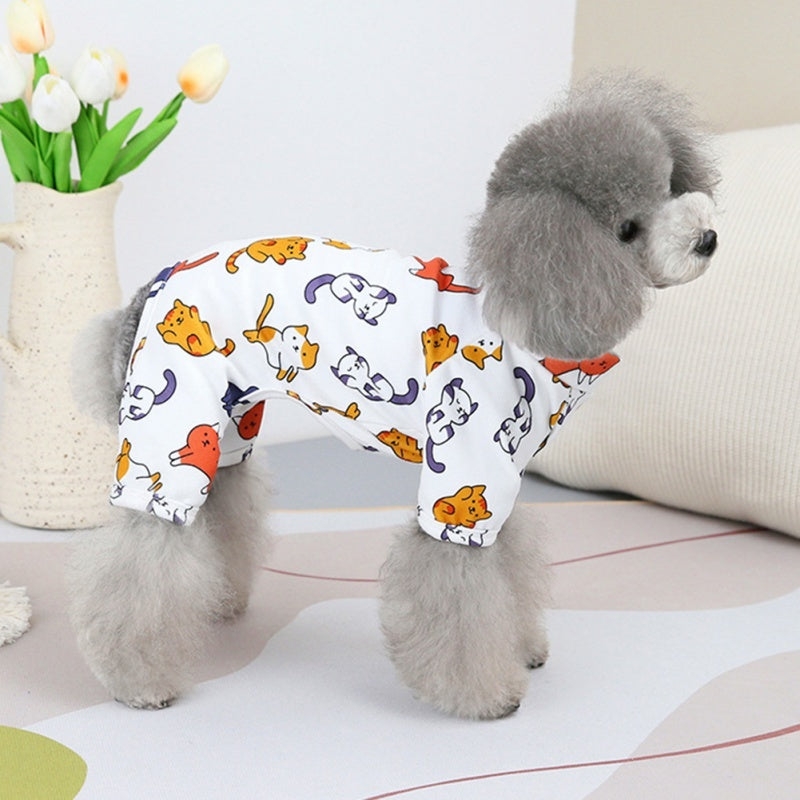 Cartoon Dog T-shirt Costume for fashionable pets featuring playful cat designs on soft material.