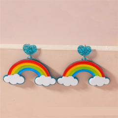 Multi-layer Stereo Acrylic Rainbow White Clouds Heart-shaped Earrings showcasing colorful design and trendy style.