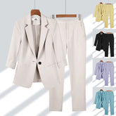 2pcs Casual Blazer Set Solid Color Lapel Single-breasted Jacket And Zipper Straight Pants Women's Office Business Suit display