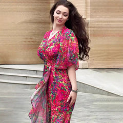 Sexy Elegant Graceful Short Sleeve Sweet Dress showcasing vibrant floral pattern in pink and red, with ruffled sleeves and stylish tie.