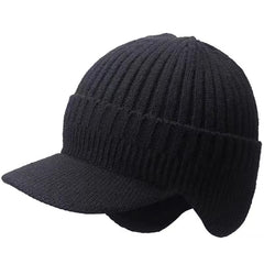 Warm Ear Protection Hat Men's Thickened Woolen Cap in black with ear flaps and ribbed texture.