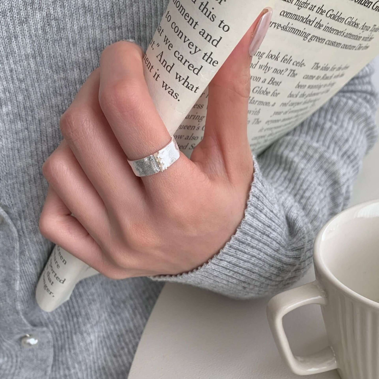 S925 Sterling Silver Brushed Pearl Ring For Women