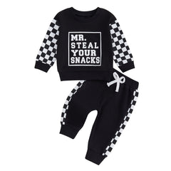 Casual Plaid Stitching Round Neck Letter Print Sweater Trousers Suit