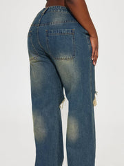 Retro Heavy-duty Washed Knee Ripped Wide-legged Jeans showcasing the back view with distressed detailing in sea blue.