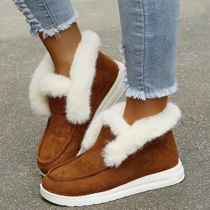 women's winter snow boots Plush Flat Thickened warm in brown with fur lining, perfect for stylish winter wear.