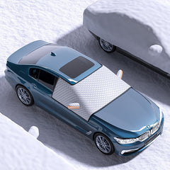 Car Dustproof Sunshade Cover Clothing on a BMW in snowy conditions, showcasing its protective features.