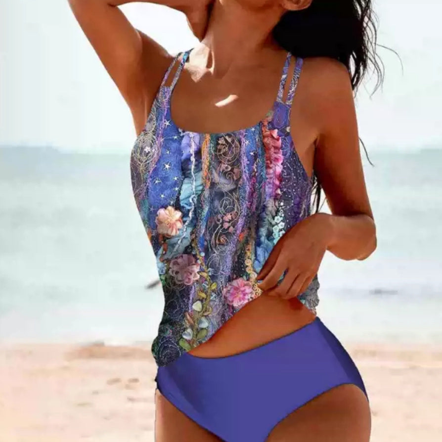 Vintage Printed Split High Waist Conservative Swimwear displayed on a model at the beach, featuring colorful floral patterns.