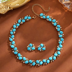 Turquoise Pearl Necklace And Earrings Suite displayed on a brown background, featuring vibrant turquoise stones and rhinestones.