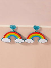 Multi-layer Stereo Acrylic Rainbow White Clouds Heart-shaped Earrings with colorful rainbows and glittery heart tops.