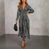Fashion V-neck Shirt Button Printed Long Sleeve Dress