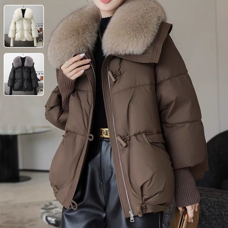Down Cotton-padded Jacket Women's Short Fur Collar Thickened Coat in brown, showcasing stylish design and comfortable fit.