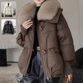Down Cotton-padded Jacket Women's Short Fur Collar Thickened Coat in brown, showcasing stylish design and comfortable fit.