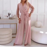 Sequined Top Wide Leg Pants Casual Suit Women in pink with puff sleeves and a belted waist, stylish and elegant fashion.