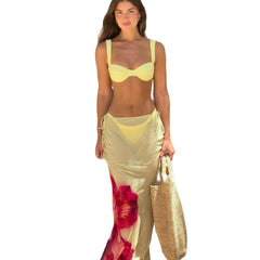 Three-piece Bikini Printed Split Women's Swimsuit Suit in yellow, model showcasing trendy beach style with a floral wrap skirt.