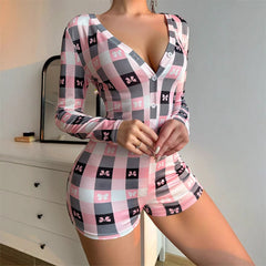 European And American Sexy Jumpsuit Deep V-neck Bow Plaid Printed Long Sleeve One-piece Pajamas