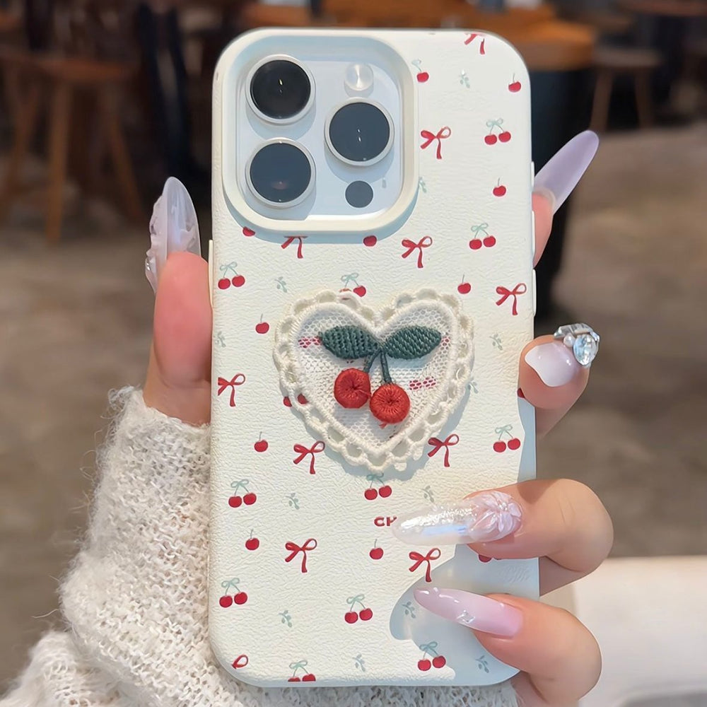 Ins Korean Style Embroidered Cherry Phone Case Leather Pattern with floral design and heart shape on white background.
