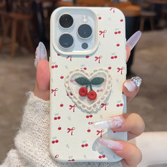 Ins Korean Style Embroidered Cherry Phone Case Leather Pattern with floral design and heart shape on white background.