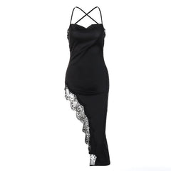 New Summer Fashion Sexy Backless Slim Fit Lace Sling Dress Women in black with lace detailing.