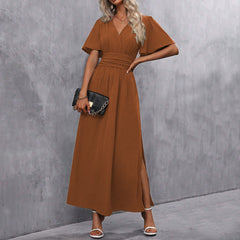 Fashionable Elegant Split Dress Women's Clothing in stylish caramel color with a slit, perfect for any occasion.