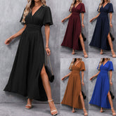 Fashionable Elegant Split Dress Women's Clothing in black, caramel, navy blue, wine red, and blue with elegant A-line design.