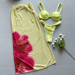 Three-piece Bikini Printed Split Women's Swimsuit Suit in yellow with floral print cover-up and matching bikini set.