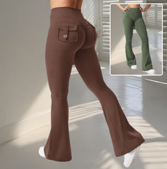 Yoga Fitness Flared Pants in brown with pockets, showcasing a stylish fit for comfort and movement during workouts.