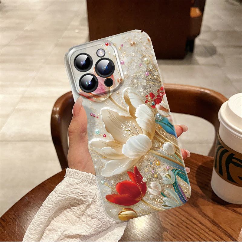 Pearl Flower Phone Case Protective Case displayed on a wooden table with coffee, featuring floral design and pearls.