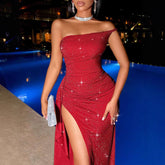 Luminous Red Asymmetric Shoulder Strap Height Side Split Dress