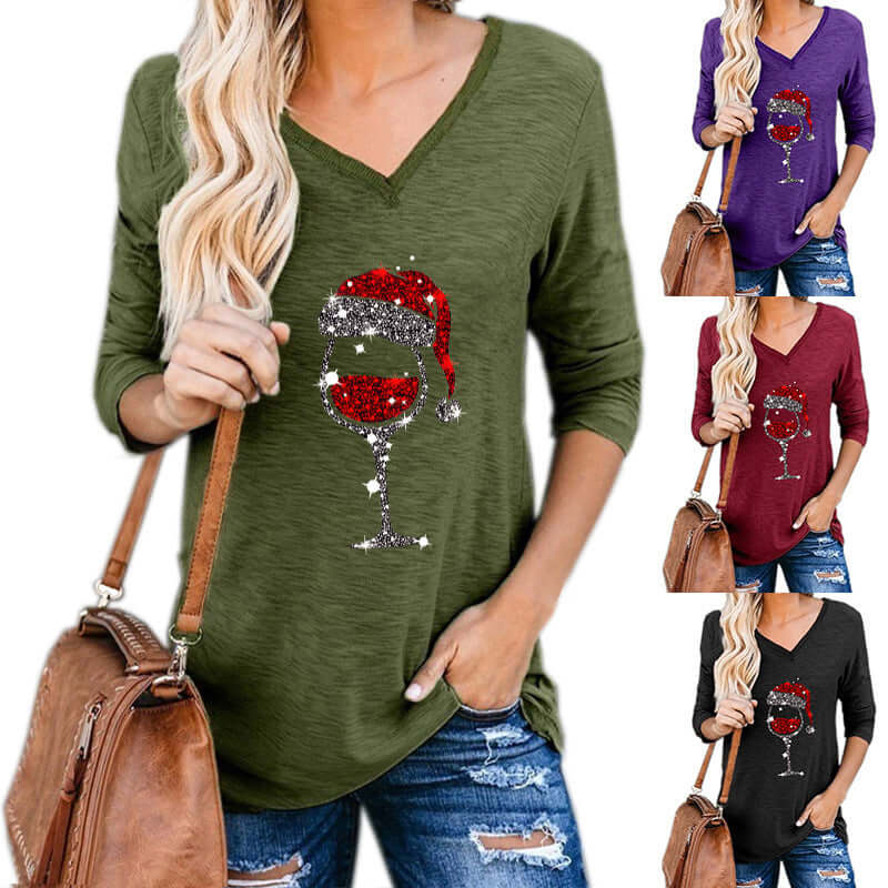 Plus size Christmas wine glass top Women Clothing in black, grey, purple, wine red, army green, and blue.