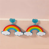 Multi-layer Stereo Acrylic Rainbow White Clouds Heart-shaped Earrings in colorful design with glittery hearts.