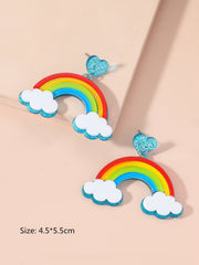 Multi-layer Stereo Acrylic Rainbow White Clouds Heart-shaped Earrings with colorful design and glittery details.