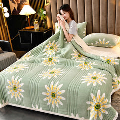 Cashmere Three-layer Blanket Thickened Warm Feather Silk Blanket with floral design in cozy bedroom setting.