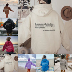 printed hoodie with pockets featuring inspirational text on the back, displayed in various colors and styles.